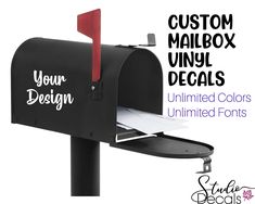 a mailbox with the words custom mailbox vinyl decals