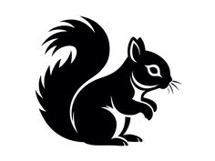 a black and white silhouette of a squirrel with its front paws on it's hind legs