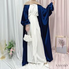 Lasaky - Leisure Open-Front Robe Dress with Bubble Sleeves Abaya Dress Muslim, Satin Cardigan, Eid Fashion, Abaya Kimono, Puff Sleeve Cardigan, Open Abaya, Cardigan Kimono, Dress Muslim, Worship Service