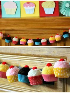 colorful cupcakes are hanging on the mantle