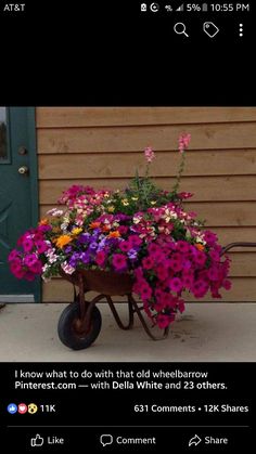 a wheelbarrow filled with lots of colorful flowers