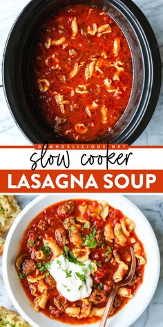 Get your crockpot ready and try this soup recipe for dinner! Nothing will warm you up like a bowl of this Slow Cooker Lasagna Soup
 that's hearty and flavorful. It's a perfect fall comfort food idea! Pasta Crockpot, Lasagne Soup, Slow Cooker Lasagna Soup, Lasagna Soup Crockpot, Lasagna Soup Recipe, Slow Cooker Lasagna, Crockpot Lasagna, Lasagna Soup, Crock Pot Soup