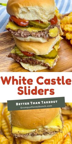 white castle sliders are stacked on top of each other with cheese and pickles