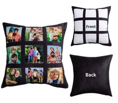 two black and white pillows with different pictures on them, one has the words front and back