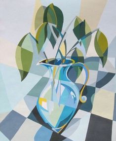 a painting of a blue vase with green leaves in it on a checkered background