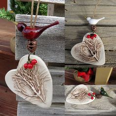 three pictures of ceramic ornaments hanging from wooden boards, one with a bird on it and the other with berries