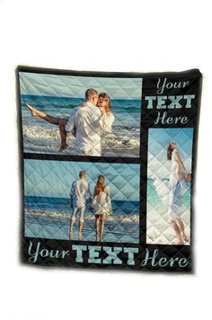 a blanket with three photos and the words your text here on it, along with an image of two people holding each other