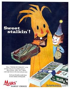 an advertisement for mars candy with a scarecrow holding a chocolate bar and two clowns