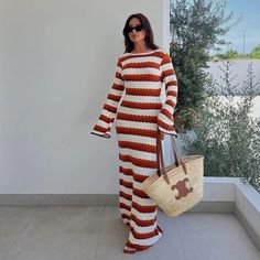 Dress / Overall – Page 2 – watereverysunday Maxi Design, Open Back Maxi Dress, Long Knitted Dress, Y2k Era, Flare Sleeve Dress, Statement Dress, Modest Clothing, High Waist Fashion, Backless Maxi Dresses