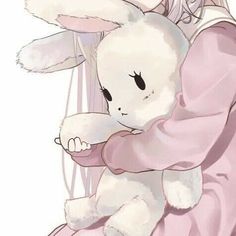 a girl hugging a white bunny with her arms wrapped around her chest and wearing a pink dress