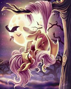 a painting of a unicorn falling from a tree in front of a full moon and bats