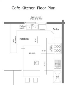 the floor plan for a kitchen with an oven, sink and pantry area in it