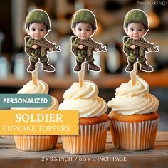 three cupcake toppers with soldiers on them