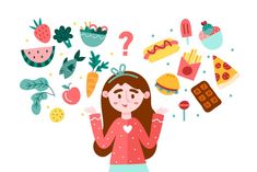 a girl is surrounded by food and vegetables in the air, with her hands on her chest