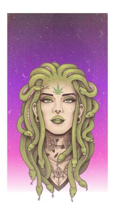 a drawing of a woman with long green hair and tattoos on her face, in front of a purple background