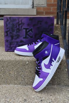 Custom made Jordan 1s with a purple fade that drips on the Nike sign. The paint is permanent and will not come off it is also 100 percent water proof. Prices are higher because the base shoes are a lot harder to get as the growing popularity of Jordan 1 mid increases. If you want the same design on a airforce 1 mid just select that option! The picture is just a mock-up and the real shoe will be the same colors as the Jordan 1 mid! The sizes are listed in men's but if you want a women's size just Nike Sign, Custom Sneakers Diy, Marvel Background, Pretty Sneakers, Custom Shoes Diy, Nike Shoes Girls, Nike Fashion Shoes, Basket Style