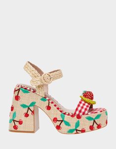 CHEYNE NATURAL MULTI Beaded Fruit, Platform Block Heels, Block Heel Sandals, Cherry Print, Fabulous Shoes, Heel Sandal, Shoe Closet, 5 Inch Heels, Pretty Shoes