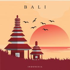 an illustration of bali with birds flying over the water