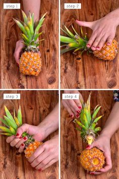 four pictures show how to cut and arrange the pineapples in order to be ripe