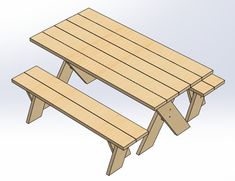 a wooden picnic table with two benches attached to the top and one bench at the bottom