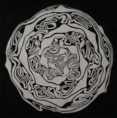 a black and white drawing of a circular object on a black background with swirls in the center