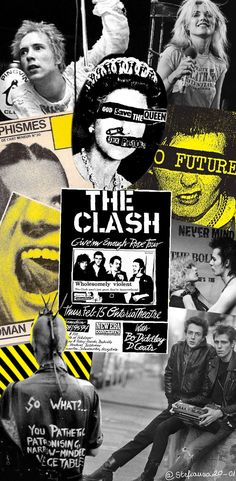 the clash collage is featured in this black and white photo, with yellow accents