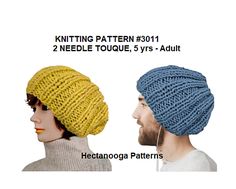 two knitted hats, one yellow and the other blue with text that reads knitting pattern 3811 2 needle toque 3 sys - adult