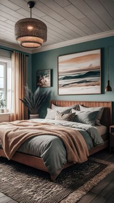 a bedroom with blue walls and wooden furniture, including a bed in the foreground