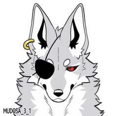 a drawing of a wolf's face with red eyes and yellow horns on its head