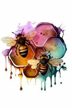 two bees are sitting on top of some honeycombs in front of watercolor splashes