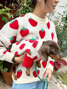 a woman is holding a small dog wearing a sweater with strawberries on it while standing in front of a potted plant