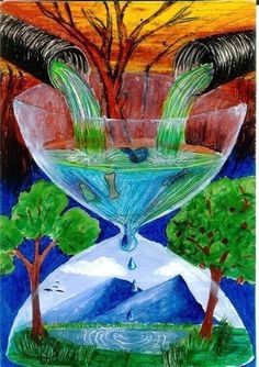 a drawing of water pouring into a glass with trees and mountains in the back ground