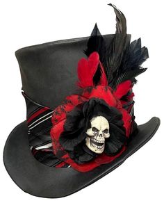 "Gothic Flair" Tall Deluxe Vinyl Top Hat A one of a kind wearable art creation by Jenkitty This tall top hat is created from slick black matte vinyl, wrapped in an upcycled silk tie band, and featuring a skull and rose centerpiece with a flourish of feathers for accent. Adult Large - Inner circumference measures about 22 3/4", about 7" tall (Around 7 1/4 men's hat size) Has wire brim so it can be shaped as you wish. **Sometimes I can alter the hat to accommodate another size - It's worth asking to see if I can resize it if you need it in another size, as I might be able to do it Brand New Gothic Black Costume Hats And Headpieces For Themed Events, Gothic Black Hats And Headpieces For Themed Events, Punk Top Hat For Halloween Costume, Punk Style Top Hat For Halloween Costume Party, Punk Style Top Hat For Halloween Costume, Steampunk Top Hat For Halloween, Black Gothic Hat For Themed Events, Black Punk Top Hat For Costume Party, Punk Top Hat For Halloween Cosplay