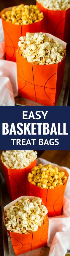 an orange basket filled with popcorn on top of a table