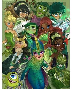 an image of some cartoon characters with green hair and other people in costume behind them