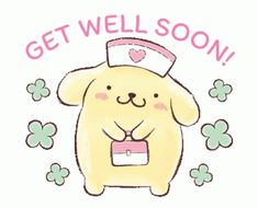 a drawing of a dog with clover leaves around it's neck and the words get well soon