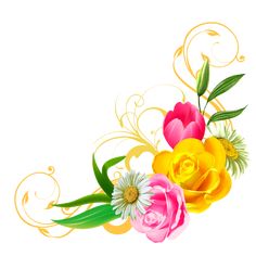 colorful flowers with swirls and leaves on a white background