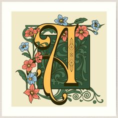 the letter d with flowers and leaves on it is shown in an ornate frame art print