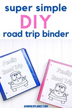 two books with the title super simple diy road trip binder on top and an image