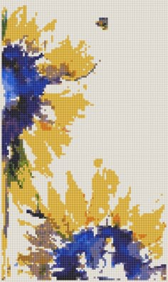 a cross - stitch pattern of yellow and blue flowers with a butterfly in the background