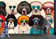 a group of dogs with different colored glasses on their faces and one dog wearing sunglasses