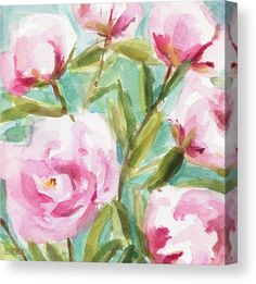 watercolor painting of pink roses on white background canvas print featuring flowers and green leaves