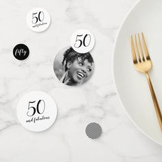 50 and fabulous birthday party photo confetti Black White Gold Party, 40th Birthday Napkins, Photo Black White, Black White Parties, Custom Confetti, Party Confetti, 40th Birthday Cards, 40th Birthday Invitations