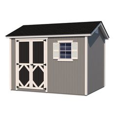 a small storage shed with windows and shutters on the side, isolated against a white background