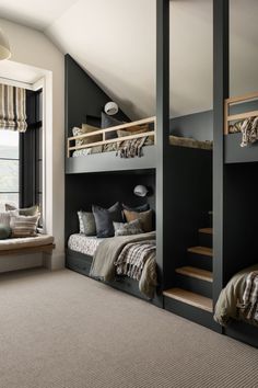 a bedroom with two bunk beds in it