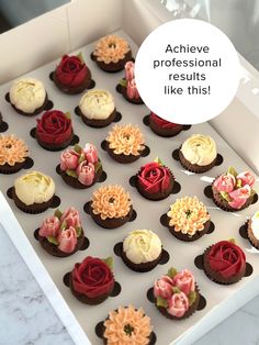 a box filled with lots of cupcakes covered in frosting and flowers next to a sign that says achieve professional results like this