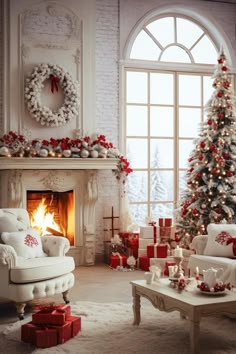 a living room decorated for christmas with presents