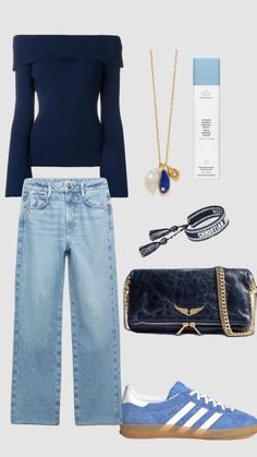 an outfit with jeans, sneakers and a handbag