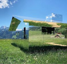 a mirror sculpture in the middle of a field with mountains in the background and grass growing on both sides