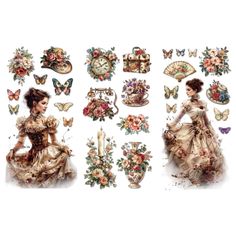 the wall decals are decorated with flowers, butterflies and lady's dresses on them